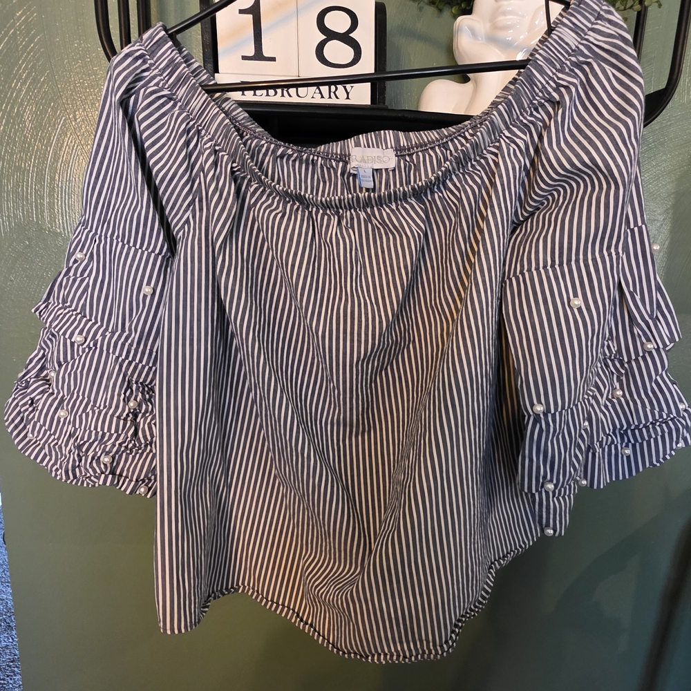 Navy Striped Off-Shoulder Blouse with Ruffle Sleeves